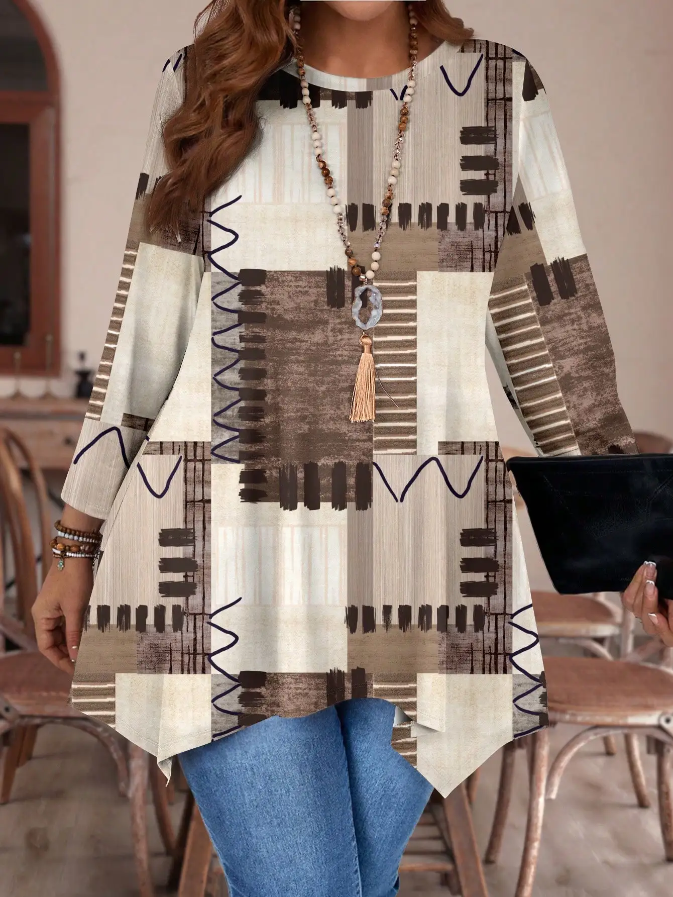 Туника с асимметричным подолом и длинными рукавами в стиле бохо с геометрическим лоскутным принтом для женщин, большие размеры, осень-зима
Туника с асимметричным подолом и длинными рукавами в стиле бохо с геометрическим лоскутным принтом для женщин, большие размеры, осень-зима