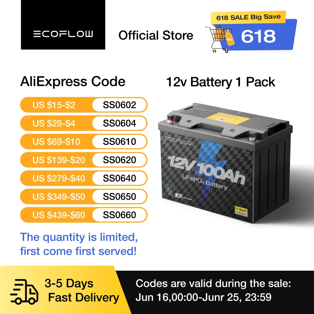 Аккумулятор ECOFLOW LiFePO4 12 в 100 Ач, встроенный литиевый Троллинговый аккумулятор BMS Group 27 100 А для двигателя, глубокие циклы и срок службы 10 лет
Аккумулятор ECOFLOW LiFePO4 12 в 100 Ач, встроенный литиевый Троллинговый аккумулятор BMS Group 27 100 А для двигателя, глубокие циклы и срок службы 10 лет