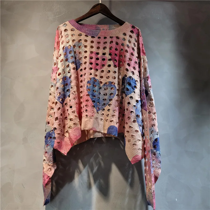 Chic Women Contrast Color Knitted Tie-dye Heart Printed Pullover Loose Holes Hollow Out Sweater Hoodies Long Sleeve Jumpers Tops
Chic Women Contrast Color Knitted Tie-dye Heart Printed Pullover Loose Holes Hollow Out Sweater Hoodies Long Sleeve Jumpers Tops