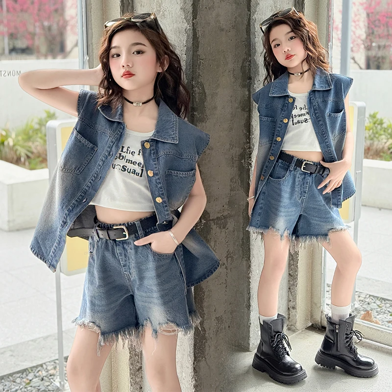 junior kid suit child outfits conjuntos para ninos calientitos vest jacket+Fringed denim shorts+belt 3pcs teen girls clothes set
junior kid suit child outfits conjuntos para ninos calientitos vest jacket+Fringed denim shorts+belt 3pcs teen girls clothes set