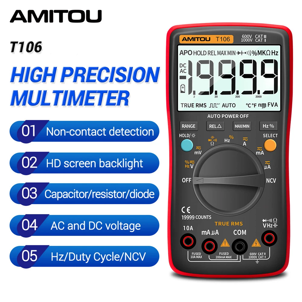 Цифровой профессиональный мультиметр AMITOU T106, 19999 отсчетов, Электрический автоматический тестер переменного/постоянного тока, измеритель напряжения, инструменты электрика
Цифровой профессиональный мультиметр AMITOU T106, 19999 отсчетов, Электрический автоматический тестер переменного/постоянного тока, измеритель напряжения, инструменты электрика