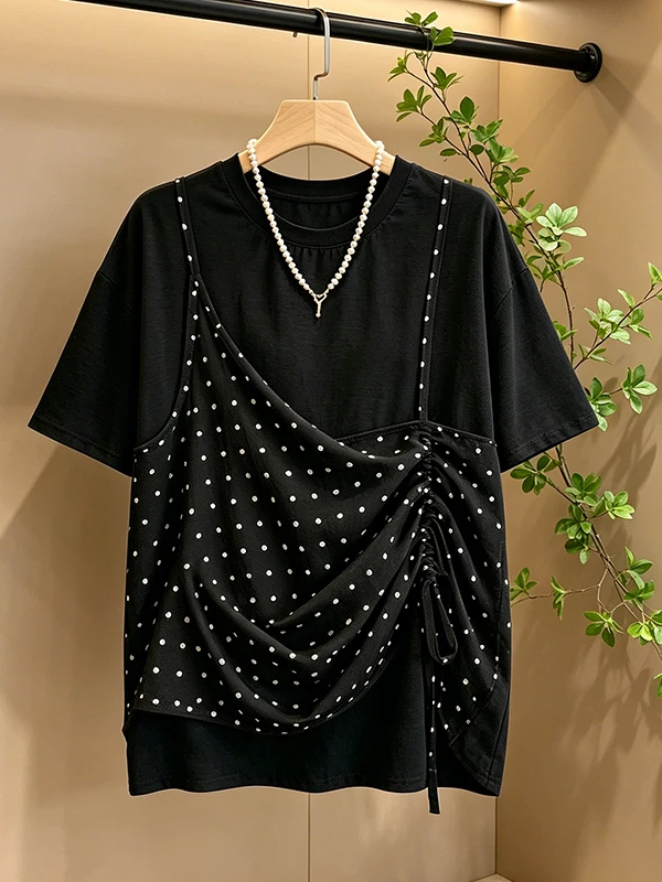plus Size Summer Polka Dot Loose Short Sleeve Top Women's Fashion Drawstring Slimming Belly Covering Casual round Neck T-shirt
plus Size Summer Polka Dot Loose Short Sleeve Top Women's Fashion Drawstring Slimming Belly Covering Casual round Neck T-shirt