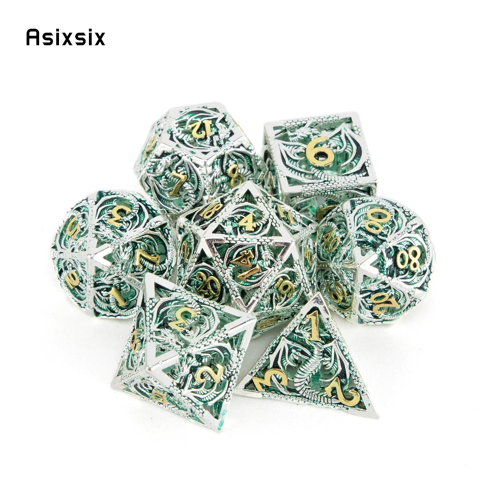 7 Pcs Silver Green Dragon Metal Dice Hollow Metal Polyhedral Dice Set Suitable For Role-Playing Dice PropBoard Game Gift
7 Pcs Silver Green Dragon Metal Dice Hollow Metal Polyhedral Dice Set Suitable For Role-Playing Dice PropBoard Game Gift