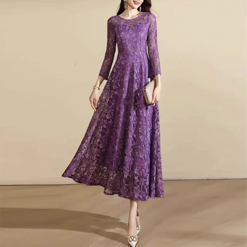 Purple Crew-Neck Lace Dress Women's Autumn New High-End Waist Slimming Bright Silk Long Dress
Purple Crew-Neck Lace Dress Women's Autumn New High-End Waist Slimming Bright Silk Long Dress