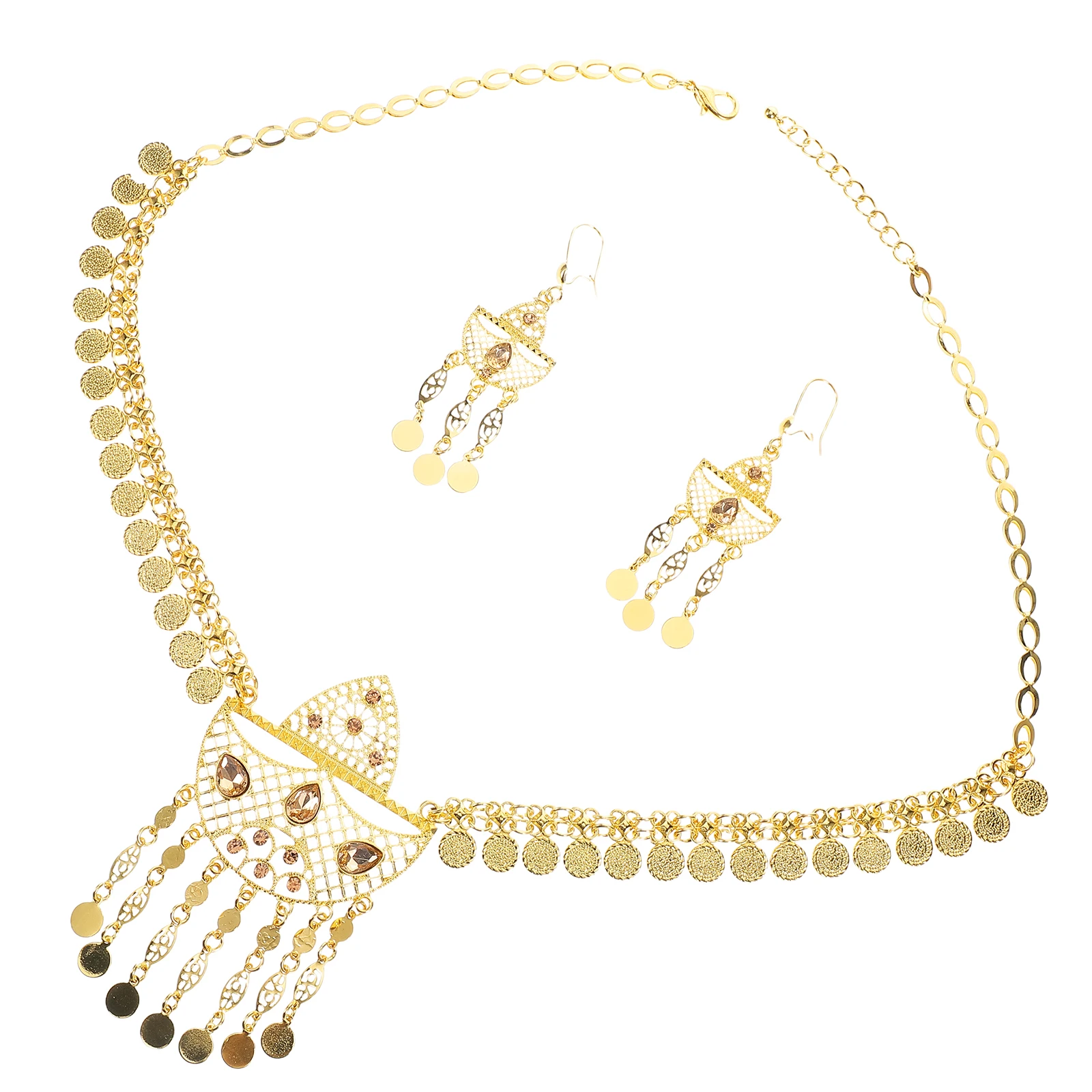 1 set Middle Eastern Jewelry Set Golden Alloy Crystal Necklace Earring Hollow Bridal Wedding Supplies Fashion Accessories Women
1 set Middle Eastern Jewelry Set Golden Alloy Crystal Necklace Earring Hollow Bridal Wedding Supplies Fashion Accessories Women
