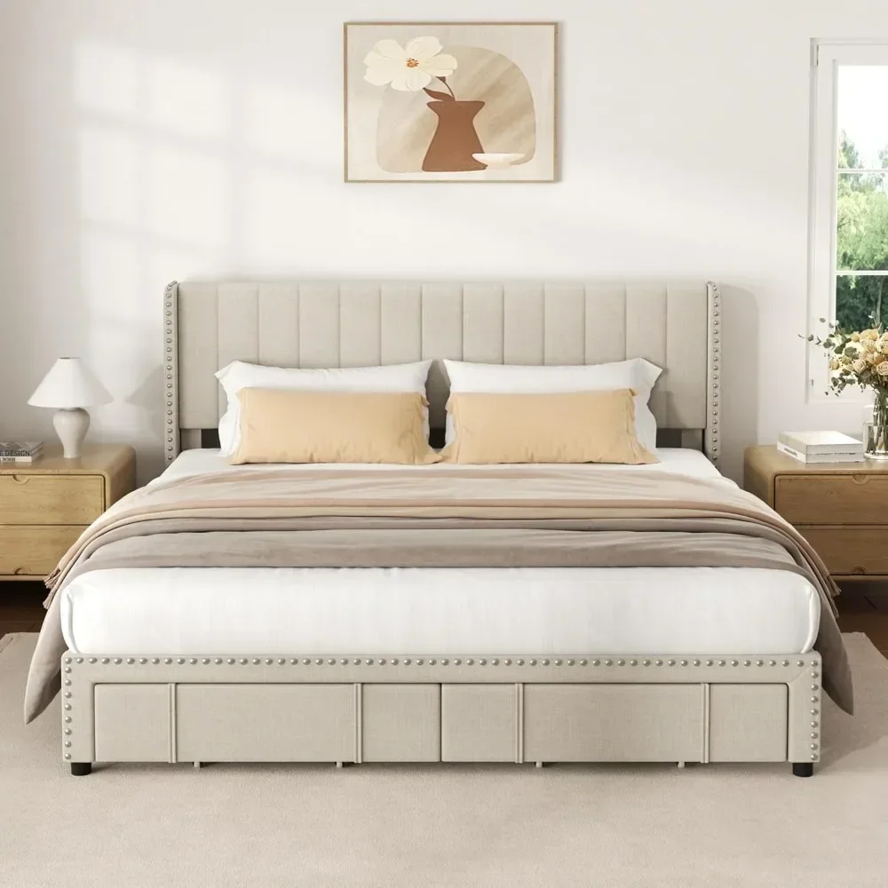 King Size Platform Bed Frame with 2 Storage Drawers, Upholstered Vertical Channel Tufted Headboard
King Size Platform Bed Frame with 2 Storage Drawers, Upholstered Vertical Channel Tufted Headboard