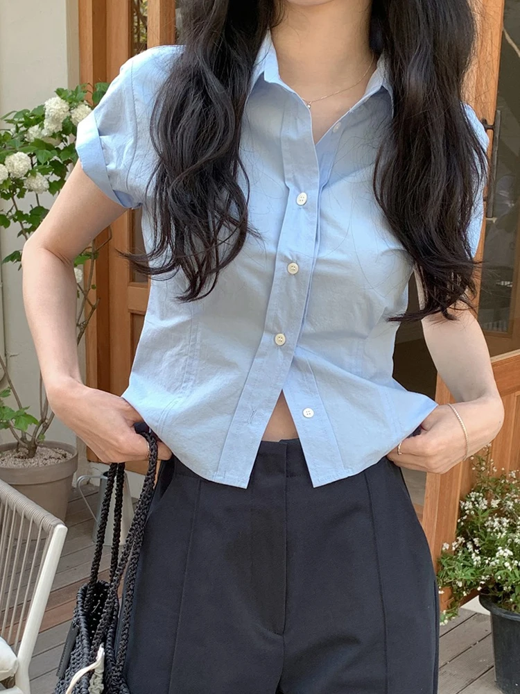 Blue Slim Fit irt Summer New Sle Women's Single Button ort Sve Waist Cinching Striped Top Korean Version Loose Sle
Blue Slim Fit irt Summer New Sle Women's Single Button ort Sve Waist Cinching Striped Top Korean Version Loose Sle