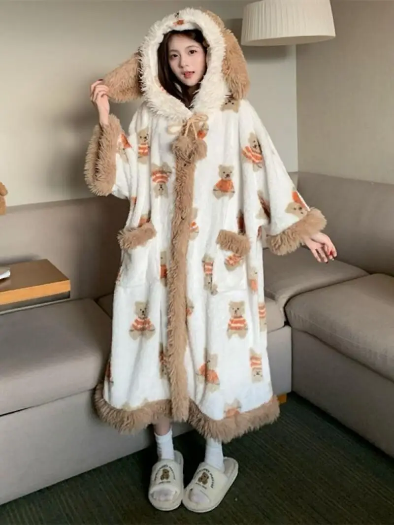 robe autumn winter Women's pajamas thicken keep warm coral fleece Sleepwear cute little bear cartoon loose hooded nightdress
robe autumn winter Women's pajamas thicken keep warm coral fleece Sleepwear cute little bear cartoon loose hooded nightdress