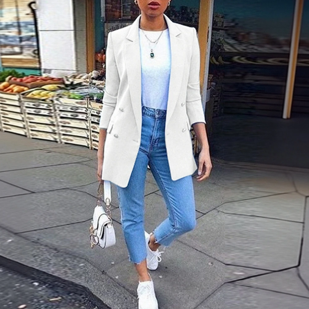 Женский двубортный пиджак на осень-зиму, простой однотонный деловой повседневный топ с шалевым воротником и длинными рукавами для деловой повседневной одежды
Женский двубортный пиджак на осень-зиму, простой однотонный деловой повседневный топ с шалевым воротником и длинными рукавами для деловой повседневной одежды