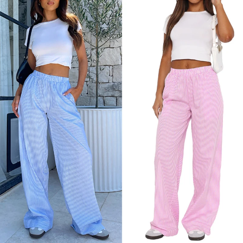 Summer Striped Straight Loose Pants Elastic Waist Elegant Vacation Pant Casual Office Lady Street Vintage Loose Women Trousers
Summer Striped Straight Loose Pants Elastic Waist Elegant Vacation Pant Casual Office Lady Street Vintage Loose Women Trousers