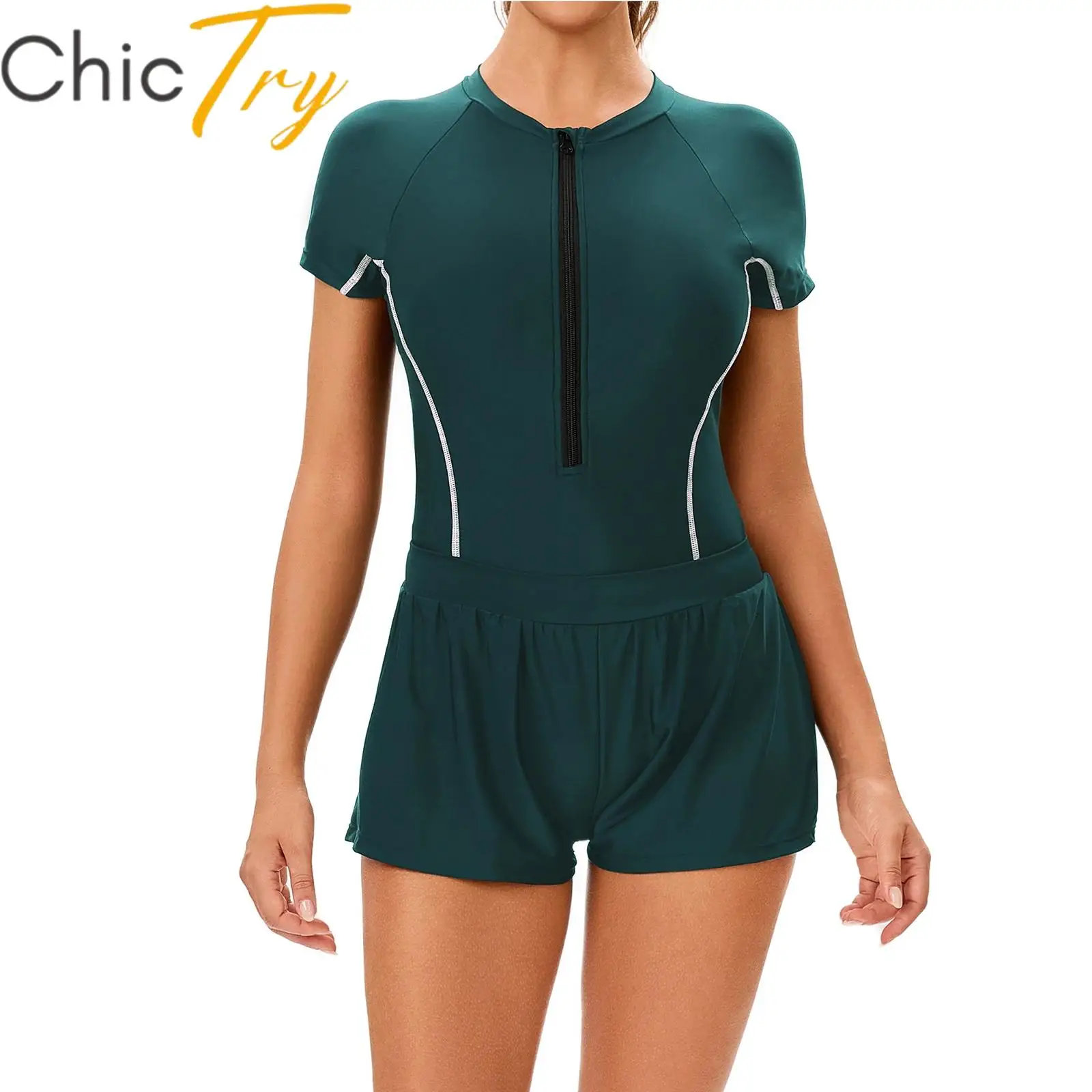 Womens 2-Piece Swimsuit Rash Guard Bathing Suit Swimwear Front Zipper Rash Guard Leotard with Elastic waistband Shorts Outfits 
Womens 2-Piece Swimsuit Rash Guard Bathing Suit Swimwear Front Zipper Rash Guard Leotard with Elastic waistband Shorts Outfits