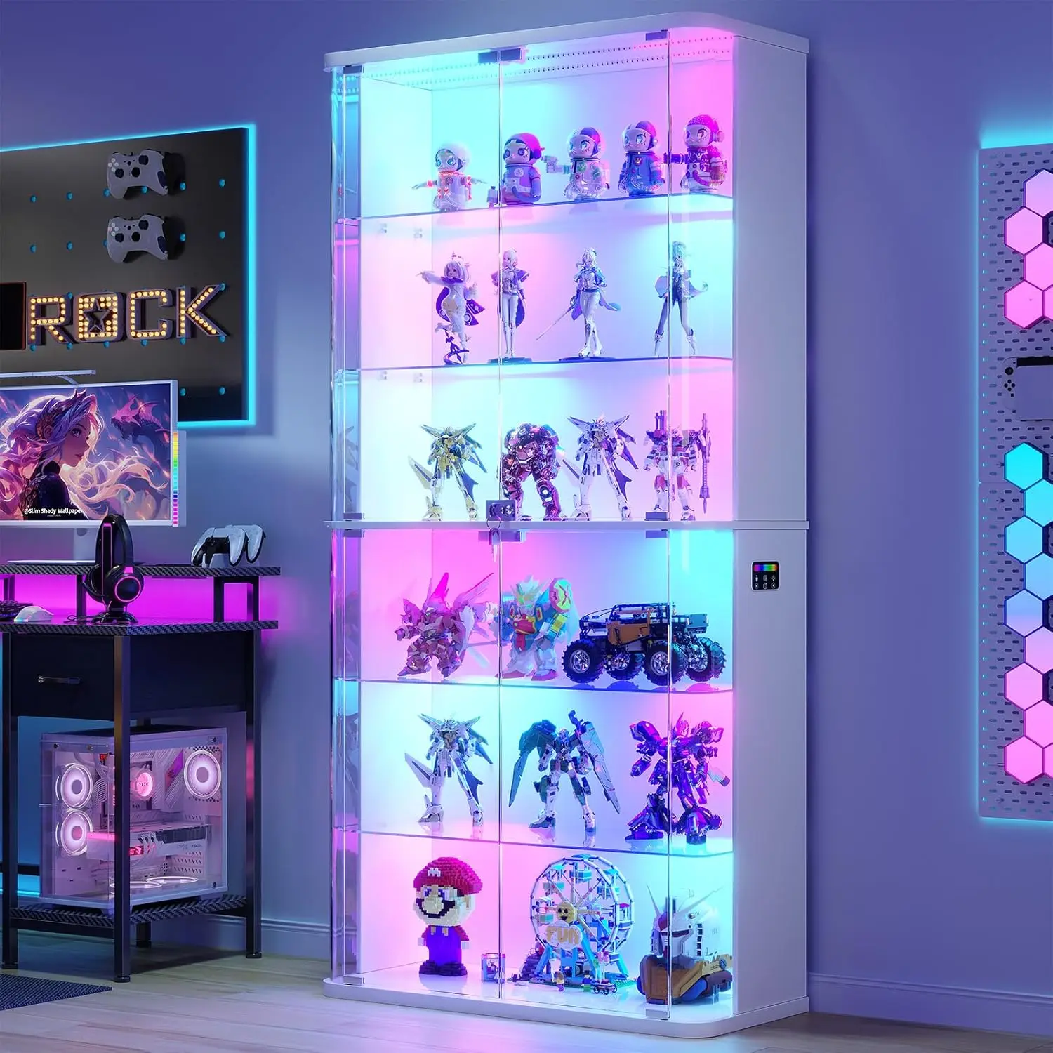 71' Tall Display Cabinet with Glass Doors, Rounded Curio Cabinet with Motion Sensor RGB Lights, 6
71' Tall Display Cabinet with Glass Doors, Rounded Curio Cabinet with Motion Sensor RGB Lights, 6