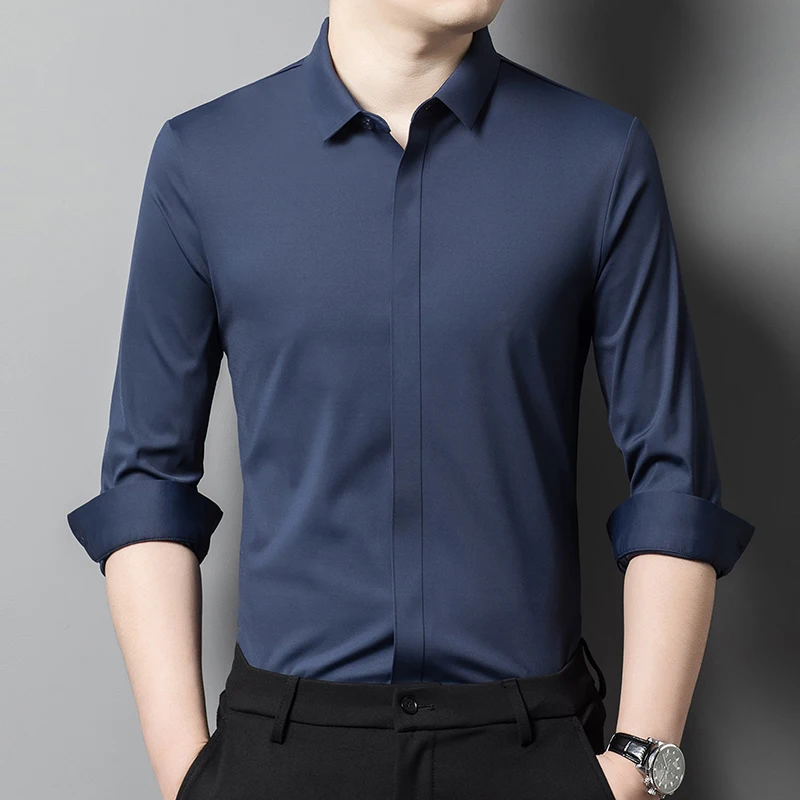Covered Button Seamless Shirts For Men Long Sleeve Solid Elastic Autumn New Fashion Smooth Comfortable Quality Camisas De Hombre
Covered Button Seamless Shirts For Men Long Sleeve Solid Elastic Autumn New Fashion Smooth Comfortable Quality Camisas De Hombre