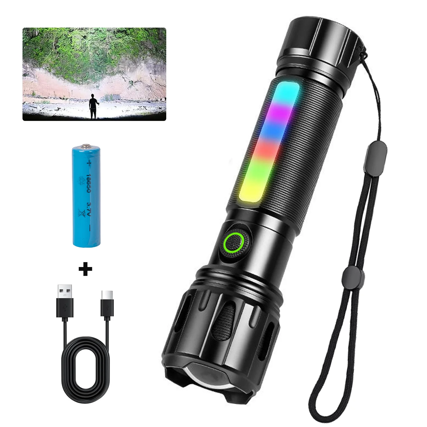 Adjustable Focus LED Flashlight with RGB Color Strip Strong Magnet Tail Cap Type-C Rechargeable Anti-fall Handheld Torch.
Adjustable Focus LED Flashlight with RGB Color Strip Strong Magnet Tail Cap Type-C Rechargeable Anti-fall Handheld Torch.