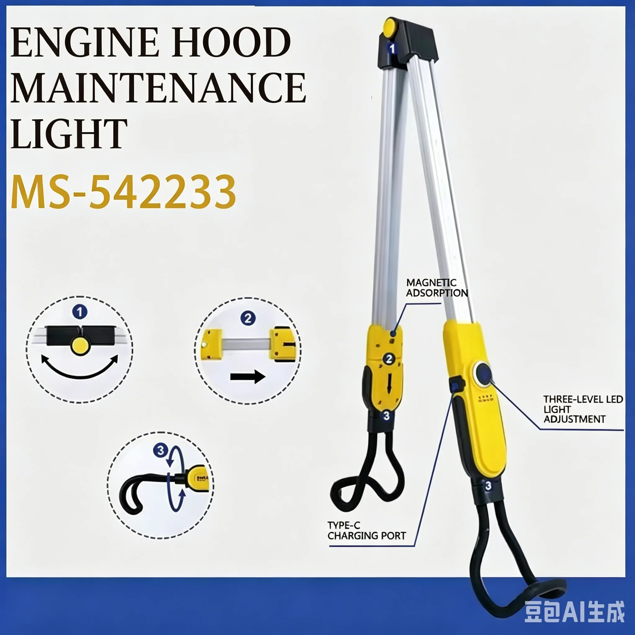 MS542233 Telescopic Engine Hood Light, Foldable Rechargeable LED Work Lamp for Auto Repair
