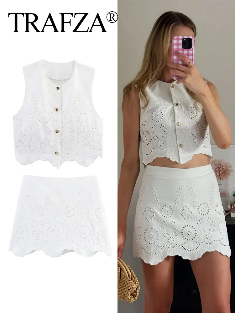 TRAFZA Summer Elegant Hollow Embroidery Suit Female Fashion Sleeveless Solid Single Breasted Vest Top+Chic A-line Mini Culottes
TRAFZA Summer Elegant Hollow Embroidery Suit Female Fashion Sleeveless Solid Single Breasted Vest Top+Chic A-line Mini Culottes