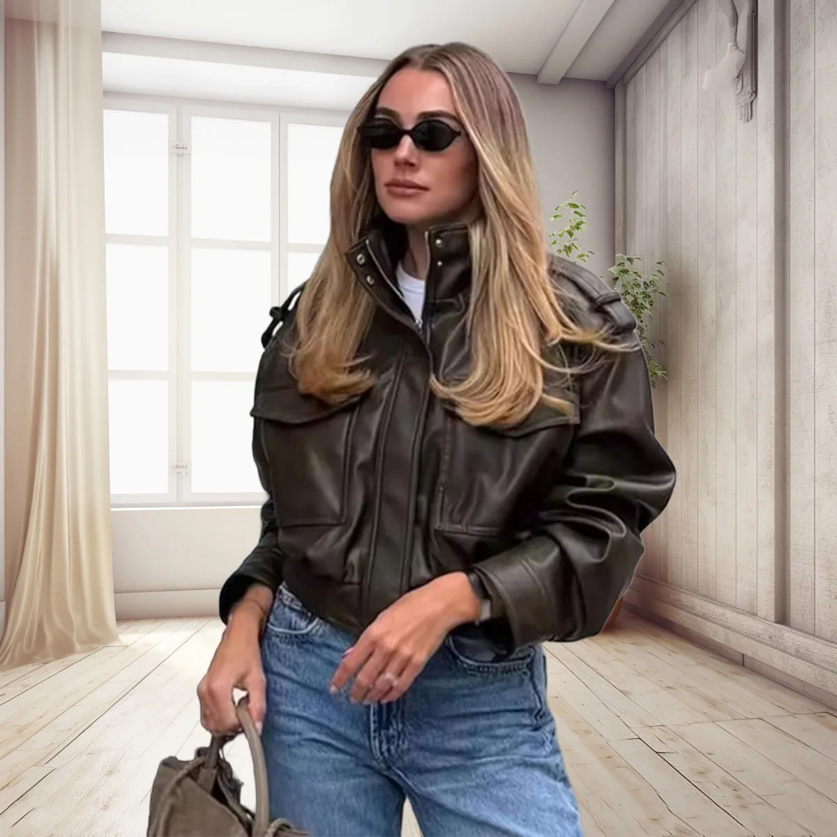 Женская винтажная короткая куртка из искусственной кожи с карманами, пальто на молнии с длинными рукавами
Женская винтажная короткая куртка из искусственной кожи с карманами, пальто на молнии с длинными рукавами