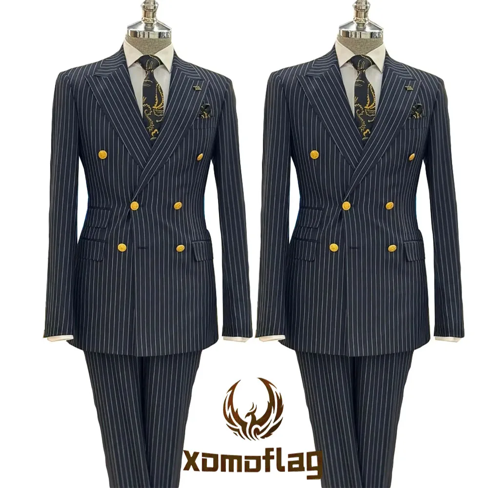 Pinstriped Double Breasted Men Suits Fashion Peaked Lapel Groom Tuxedos Business Wedding Party Blazer with Pants Blazers
Pinstriped Double Breasted Men Suits Fashion Peaked Lapel Groom Tuxedos Business Wedding Party Blazer with Pants Blazers