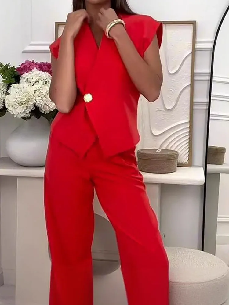 Модные однотонные комплекты без рукавов с пуговицами из 2 предметов, женские элегантные темпераментные костюмы, 2025 сексуальные топы с v-образным вырезом и длинные брюки, комплекты 
Модные однотонные комплекты без рукавов с пуговицами из 2 предметов, женские элегантные темпераментные костюмы, 2025 сексуальные топы с v-образным вырезом и длинные брюки, комплекты