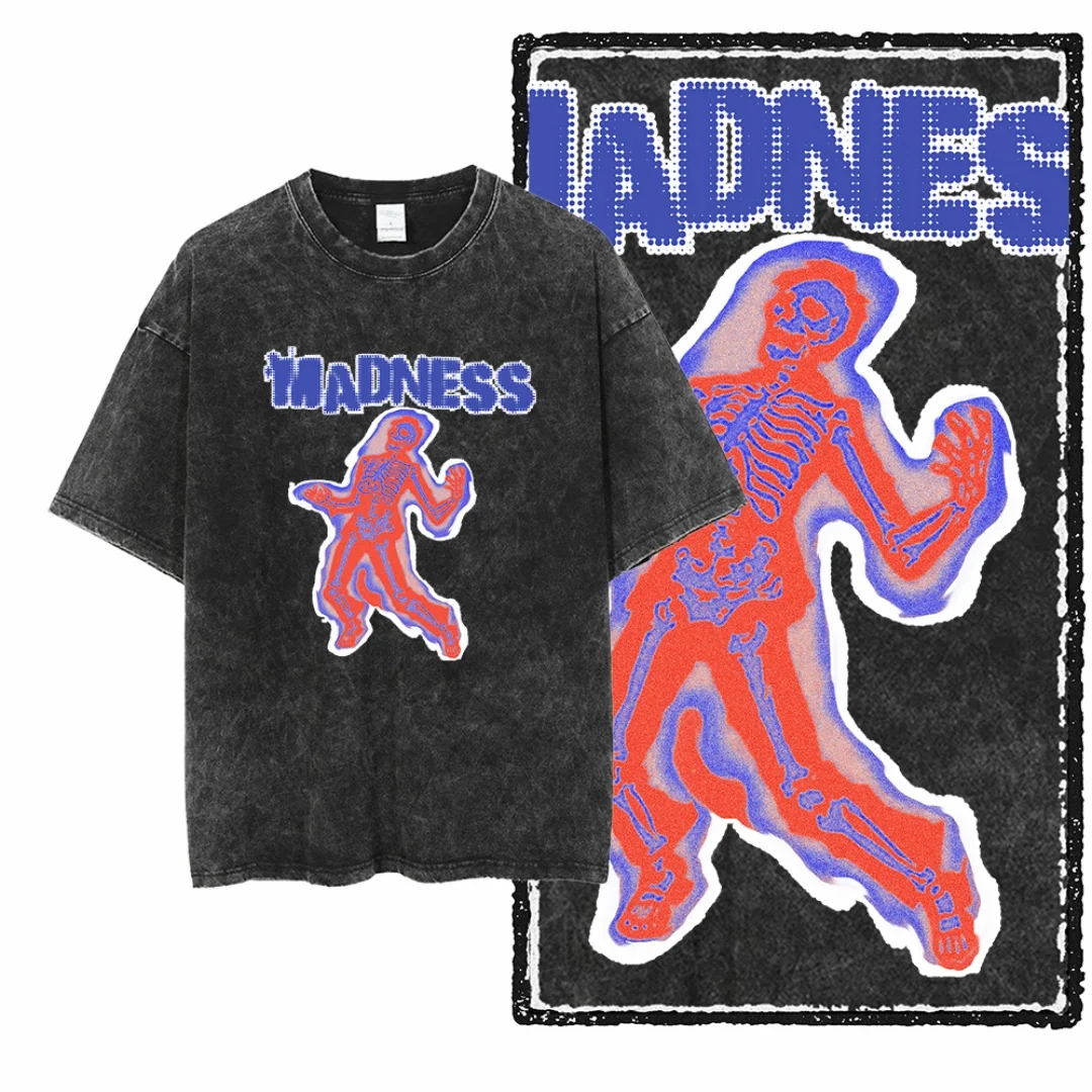 Винтажная потертая красно-синяя мужская футболка со скелетом и надписью MADNESS, черная футболка большого размера, повседневная уличная одежда в стиле ретро