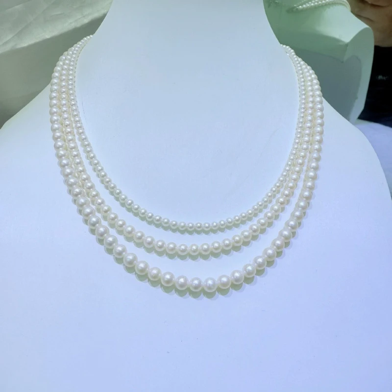 Freshwater pearl necklace 3-4-5mm, perfectly round and, small to large, three-layer chain with sterling silver triple c
Freshwater pearl necklace 3-4-5mm, perfectly round and, small to large, three-layer chain with sterling silver triple c