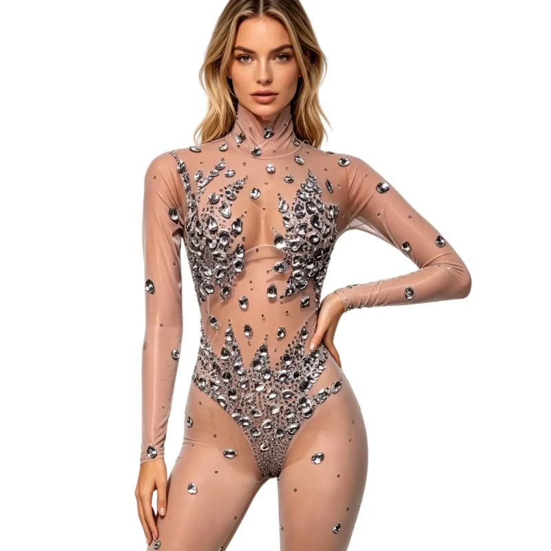 Women's Nude Mesh Leotard with Rhinestones Sexy Pole Dance Jumpsuit Elastic Fit Nightclub Party Performance Stage Costume
Women's Nude Mesh Leotard with Rhinestones Sexy Pole Dance Jumpsuit Elastic Fit Nightclub Party Performance Stage Costume
