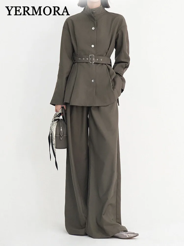 YERMORA Women Two Pieces Set Solid Belted Casual Coat Stand Collar Long Sleeve Fashion Wide Leg Pants Spring Autumn 2025 A872
YERMORA Women Two Pieces Set Solid Belted Casual Coat Stand Collar Long Sleeve Fashion Wide Leg Pants Spring Autumn 2025 A872