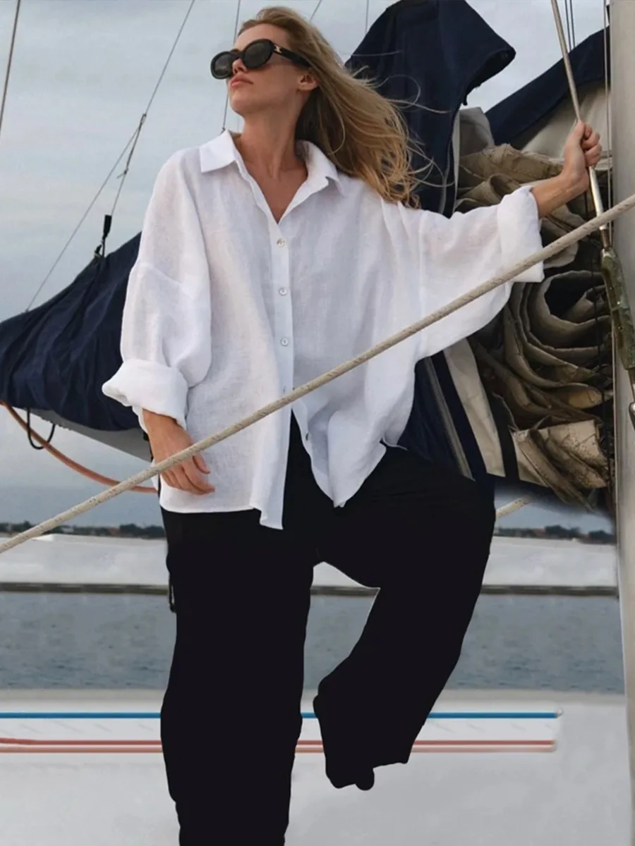 Bornladies 100% Cotton Spring Summer Versatile Lazy Casual Shirt Women's Fashionable Solid Color Loose Shirt Cardigan Shirt 140 Sb778ab831db5400a8d9668f1bd972d6dm