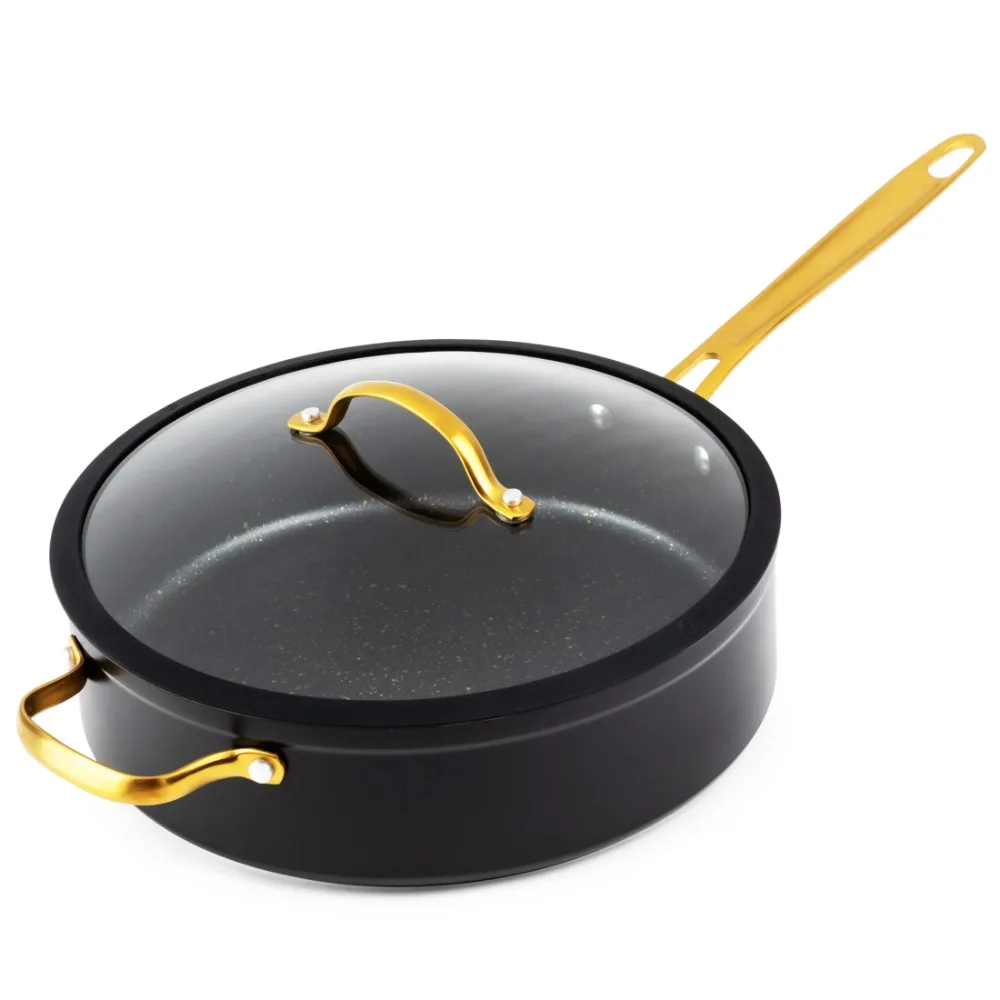 Фирменная кастрюля с антипригарным покрытием 5QT со стеклянной крышкой, черный и золотой
Фирменная кастрюля с антипригарным покрытием 5QT со стеклянной крышкой, черный и золотой