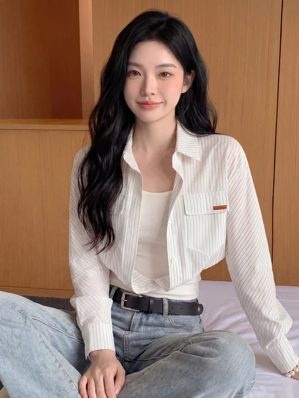 Slimming Effect Korean Style Striped Short Shirt Women's Fashion Commute Top Polyester Fabric Long Sleeve Flip Collar
Slimming Effect Korean Style Striped Short Shirt Women's Fashion Commute Top Polyester Fabric Long Sleeve Flip Collar