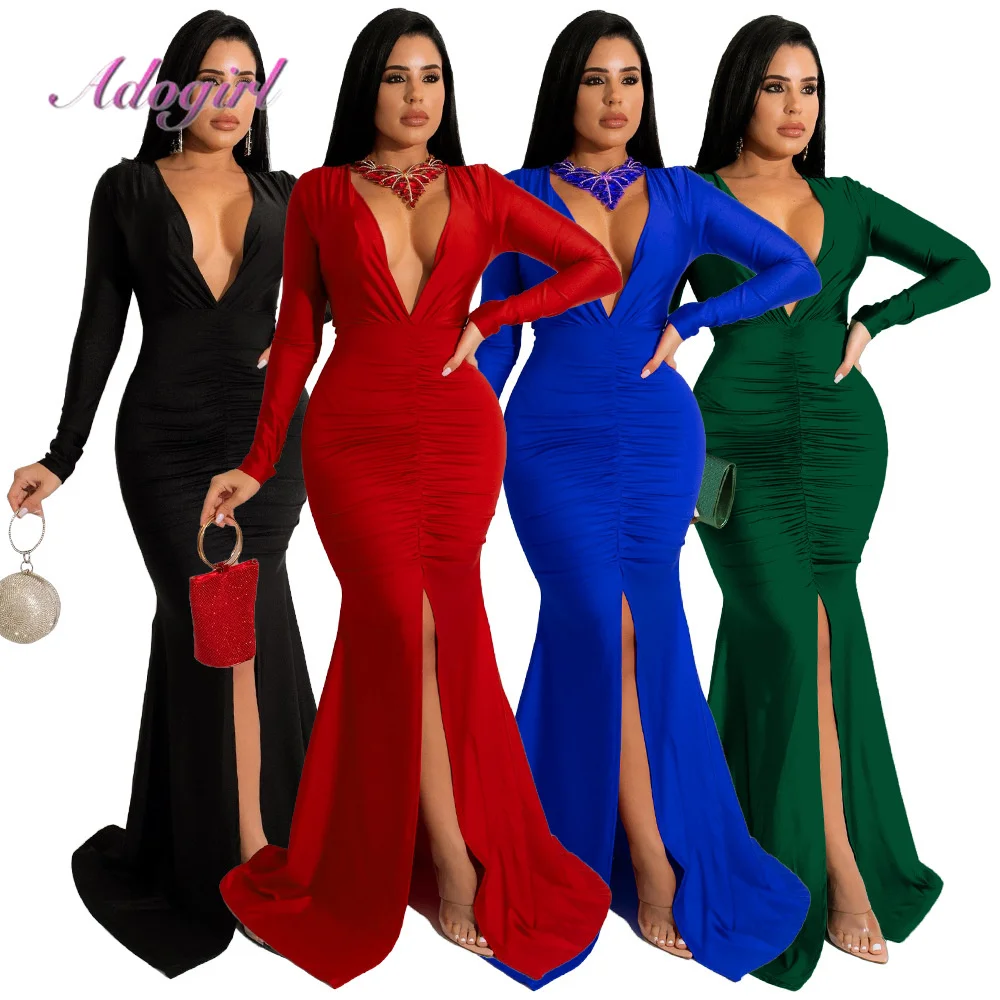 Elegant Ruched Deep V Neck Floor Length Long Dress Women Evening Dresses Solid Long Sleeve High Split Party Club Maxi Vestidos
Elegant Ruched Deep V Neck Floor Length Long Dress Women Evening Dresses Solid Long Sleeve High Split Party Club Maxi Vestidos