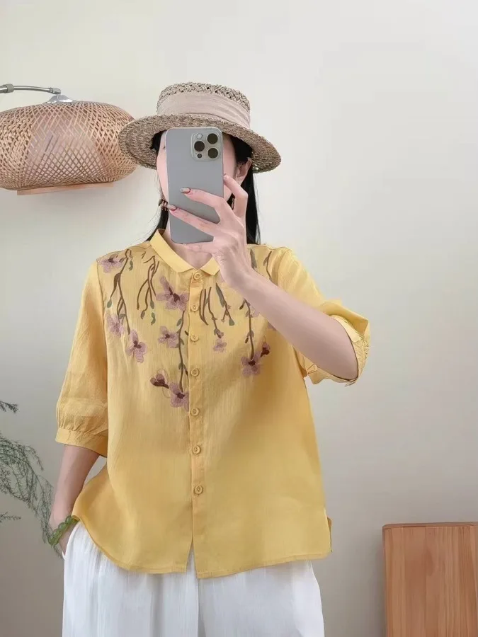 Elegant Cotton Linen Embroidered Slim Fit Shirt Women's Collar Five Sleeve Commute Casual Wear Open Cardigan Style
Elegant Cotton Linen Embroidered Slim Fit Shirt Women's Collar Five Sleeve Commute Casual Wear Open Cardigan Style