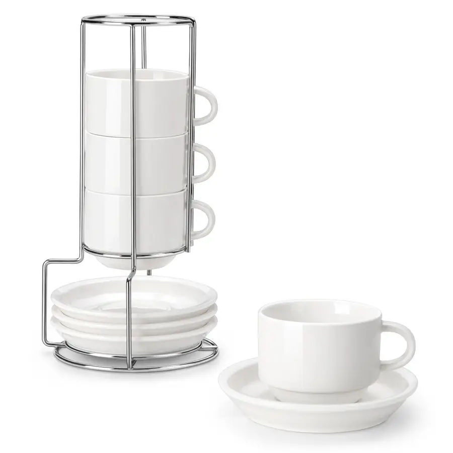 8 OZ Porcelain Espresso Cups with Saucers and Metal Stand Set of 4, Stackable Cappuccino Cups, White Expresso Shots Cup Set for
8 OZ Porcelain Espresso Cups with Saucers and Metal Stand Set of 4, Stackable Cappuccino Cups, White Expresso Shots Cup Set for