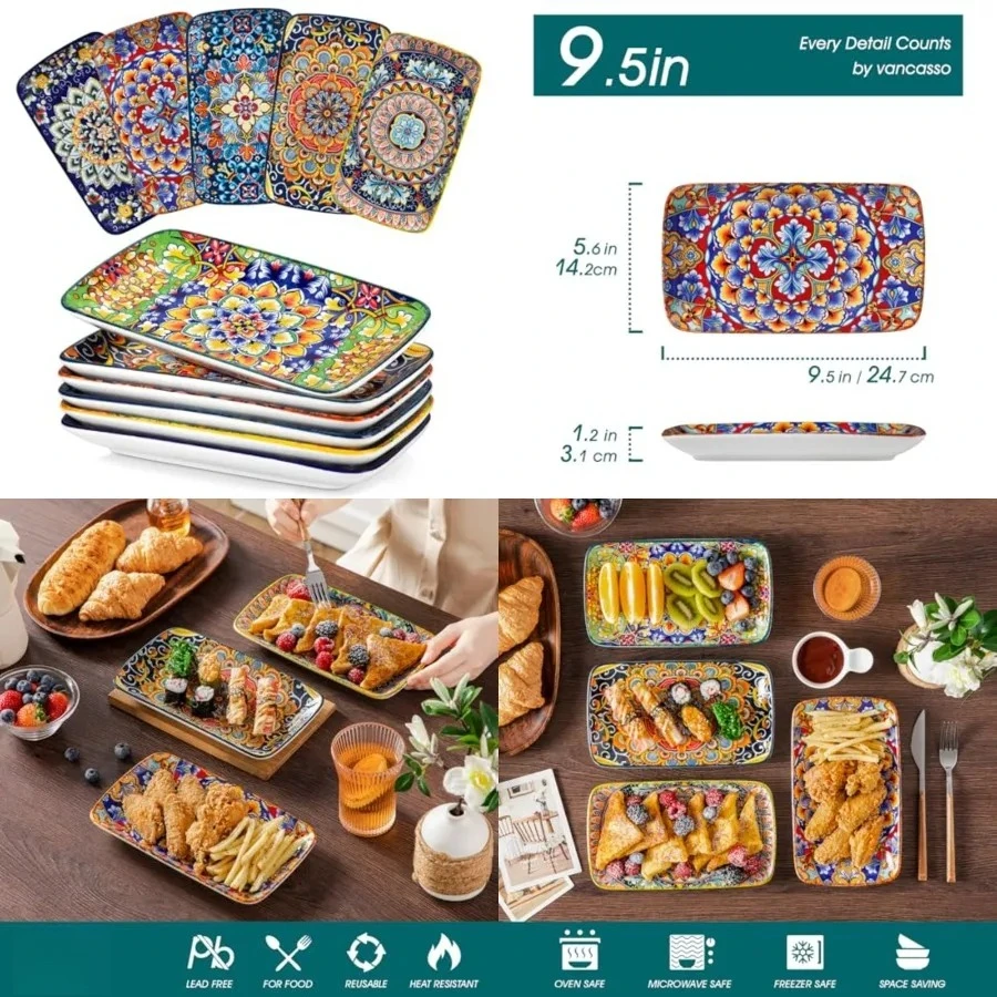 9.5 Inch Rectangular Dinner Plates Set of 6 - Bohemian Floral Design in 6 Vibrant Colors, Microwave & Dishwasher Safe Porcelain Plates for Salad, Appetizers, Entertaining
9.5 Inch Rectangular Dinner Plates Set of 6 - Bohemian Floral Design in 6 Vibrant Colors, Microwave & Dishwasher Safe Porcelain Plates for Salad, Appetizers, Entertaining