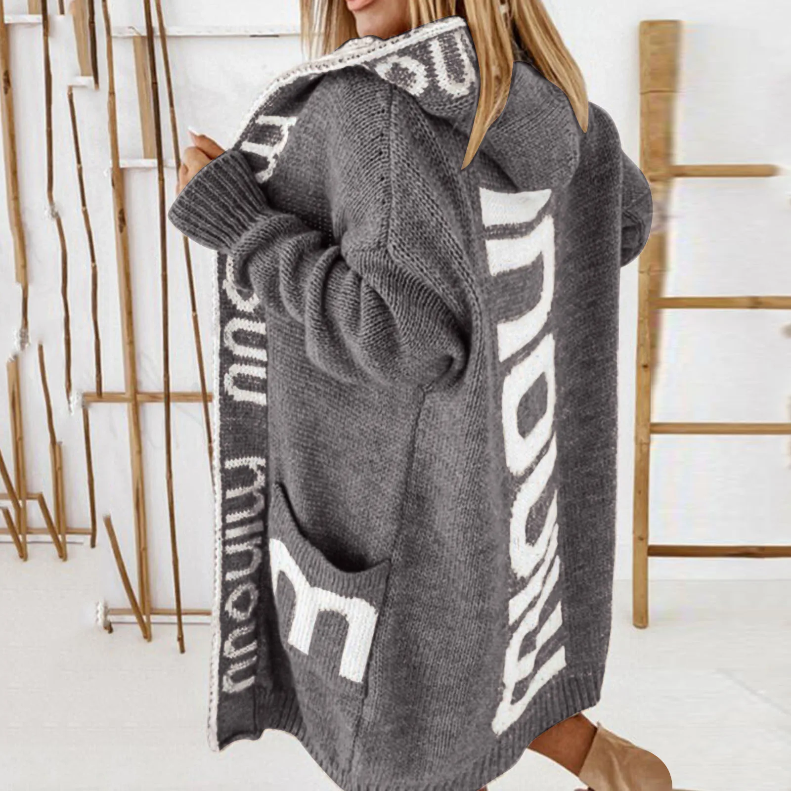 Letter Print Long Sleeve Hoodies Mid-Length Knitted Cardigan Spring Autumn Loose Casual Front Open Sweater Outwears With Pockets
Letter Print Long Sleeve Hoodies Mid-Length Knitted Cardigan Spring Autumn Loose Casual Front Open Sweater Outwears With Pockets