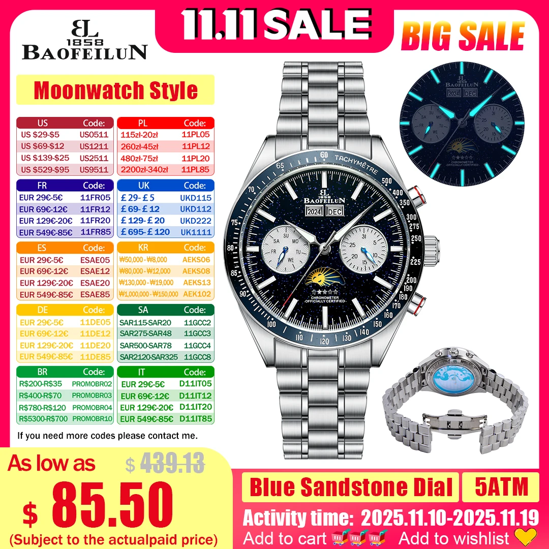 BAOFEILUN Moonwatch Style Automatic Watch Full Calendar 42MM Galaxy Dial Mineral Crystal 30M Waterproof Luxury Reloj Hombre Gift
BAOFEILUN Moonwatch Style Automatic Watch Full Calendar 42MM Galaxy Dial Mineral Crystal 30M Waterproof Luxury Reloj Hombre Gift