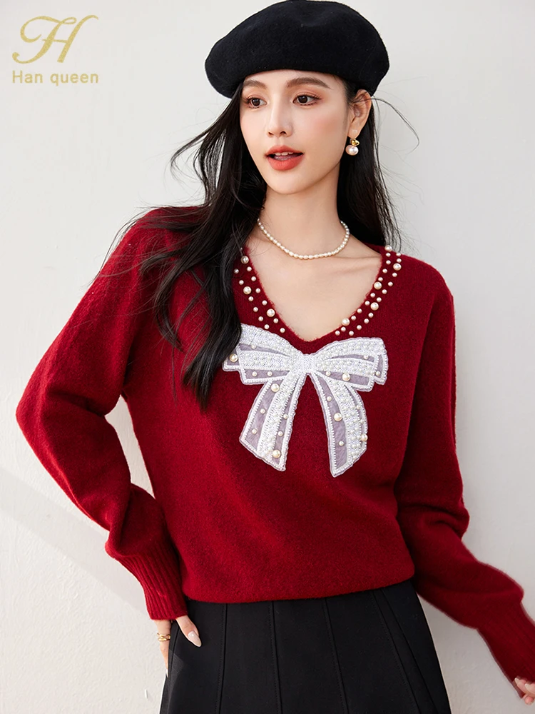 H Han Queen New Korean Bow Beading Pullover Sweates Long Sleeve Casual Tops Loose Vintage V-Neck Sweater Women's Clothing 
H Han Queen New Korean Bow Beading Pullover Sweates Long Sleeve Casual Tops Loose Vintage V-Neck Sweater Women's Clothing