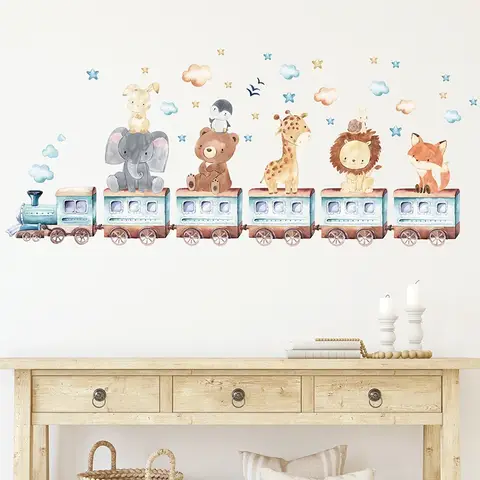 Watercolor Cartoon Animals on the Train Bear Elephant Giraffe Wall Stickers for Kids Room Baby Nursery Room Bedroom Wall Decals