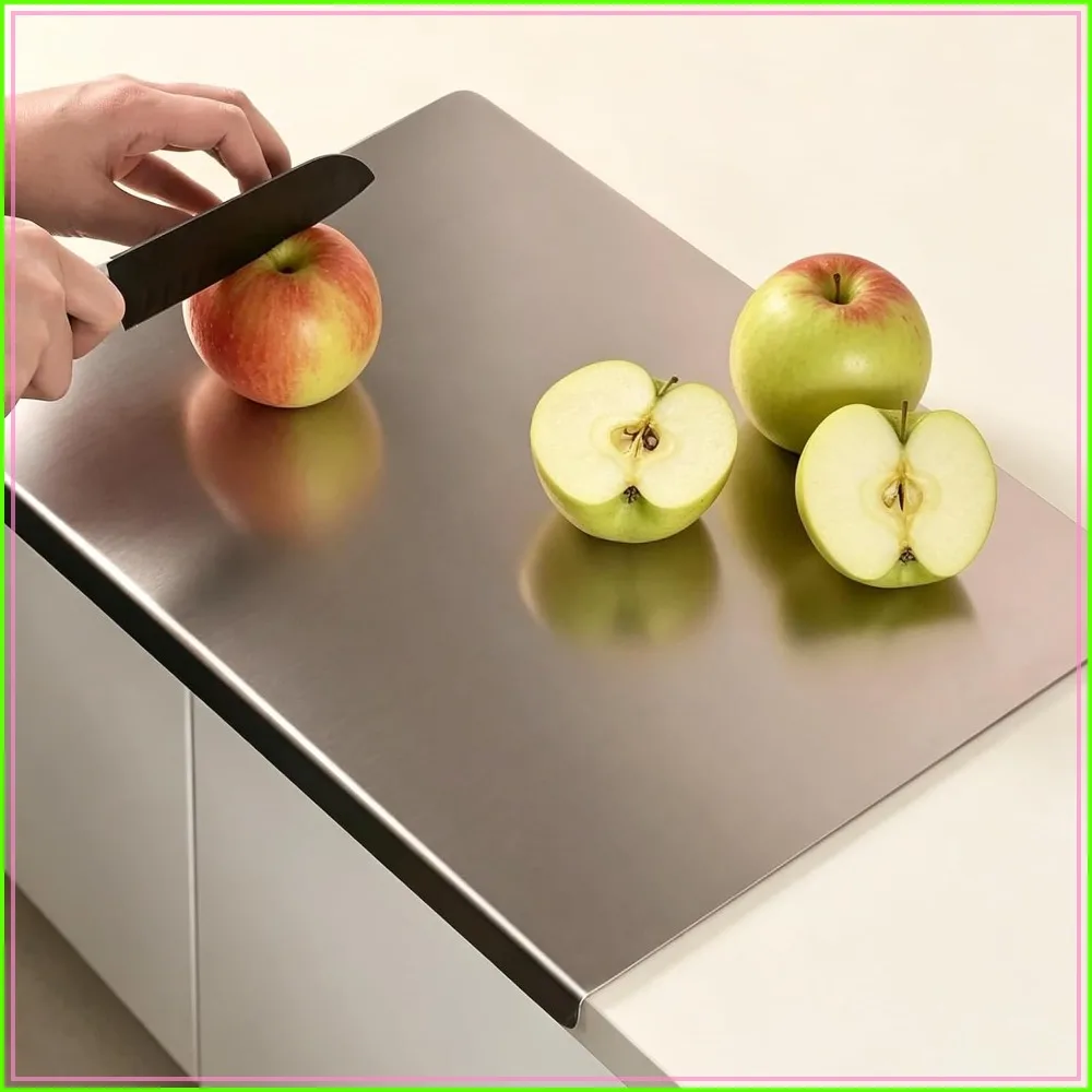 304 Stainless Steel Cutting Board with Lip, Large L-Shaped Bread Board, Double-Sided Chopping Board for Meat, Fruits, Vegetables (20x16 Inch)
304 Stainless Steel Cutting Board with Lip, Large L-Shaped Bread Board, Double-Sided Chopping Board for Meat, Fruits, Vegetables (20x16 Inch)