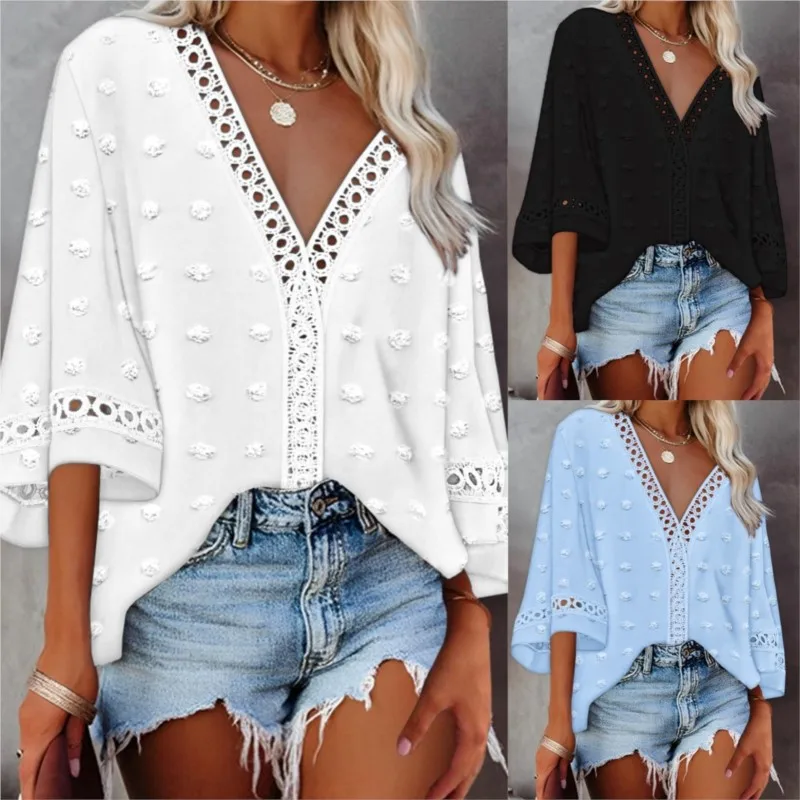 Summer White Blouses Shirt Summer Temperament Women's Fashion Boho New Hollow V-Neck Top Lace Loose Casual Shirts Women Clothing
Summer White Blouses Shirt Summer Temperament Women's Fashion Boho New Hollow V-Neck Top Lace Loose Casual Shirts Women Clothing