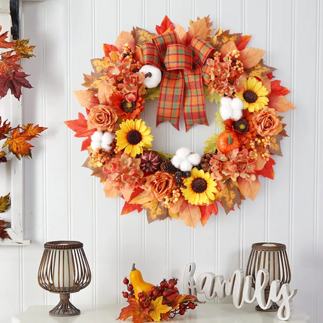 22" Rustic Fall Harvest Wreath with Pumpkins, Sunflowers, Maple Leaves & Cotton for Thanksgiving Farmhouse Outdoor Decor
22" Rustic Fall Harvest Wreath with Pumpkins, Sunflowers, Maple Leaves & Cotton for Thanksgiving Farmhouse Outdoor Decor