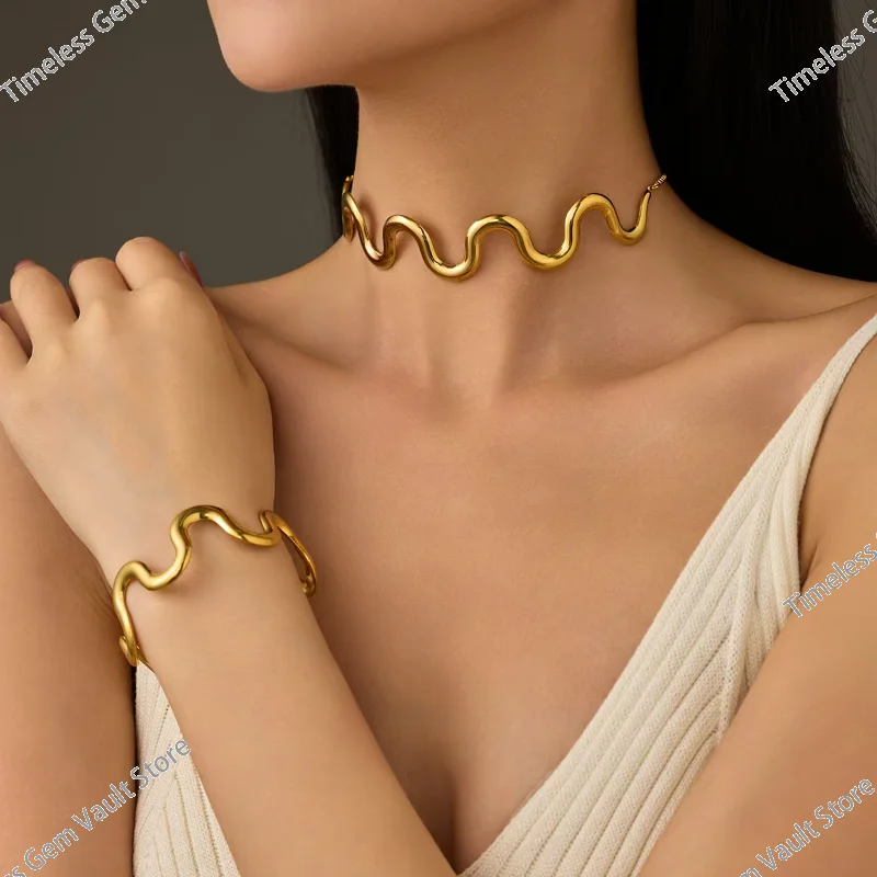 Irregular Wave Snake Open Bangle 18K Gold Plated Stainless Steel Minimalist Fashion Bracelet Necklace Jewelry Set for Ladies
Irregular Wave Snake Open Bangle 18K Gold Plated Stainless Steel Minimalist Fashion Bracelet Necklace Jewelry Set for Ladies