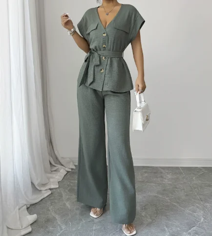 Two Piece Set Women Outfit 2026 Spring Summer New Solid Color V-Neck Short Sleeve Lace Up Top & High Waist Casual Pants Set
Two Piece Set Women Outfit 2026 Spring Summer New Solid Color V-Neck Short Sleeve Lace Up Top & High Waist Casual Pants Set