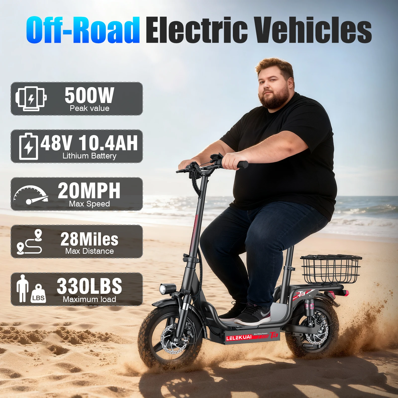 14-inch adult folding electric scooter 48V10.4Ah, 500W peak motor, 20MPH maximum load 330LBS, 28 miles of range full suspension
14-inch adult folding electric scooter 48V10.4Ah, 500W peak motor, 20MPH maximum load 330LBS, 28 miles of range full suspension