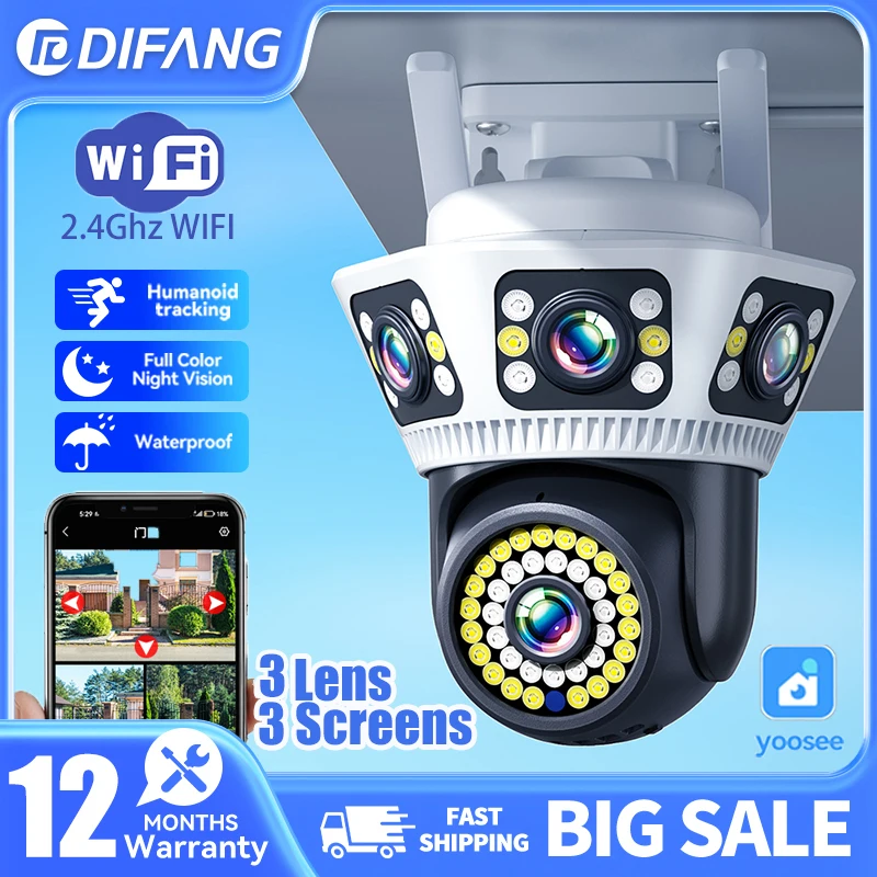 DIFANG Yoosee 360 ° PTZ-камера видеонаблюдения для улицы/дома с ИИ-детектором человека, 3 объектива, 3 экрана, Wi-Fi, автоматическое отслеживание, CCTV-камера
DIFANG Yoosee 360 ° PTZ-камера видеонаблюдения для улицы/дома с ИИ-детектором человека, 3 объектива, 3 экрана, Wi-Fi, автоматическое отслеживание, CCTV-камера
