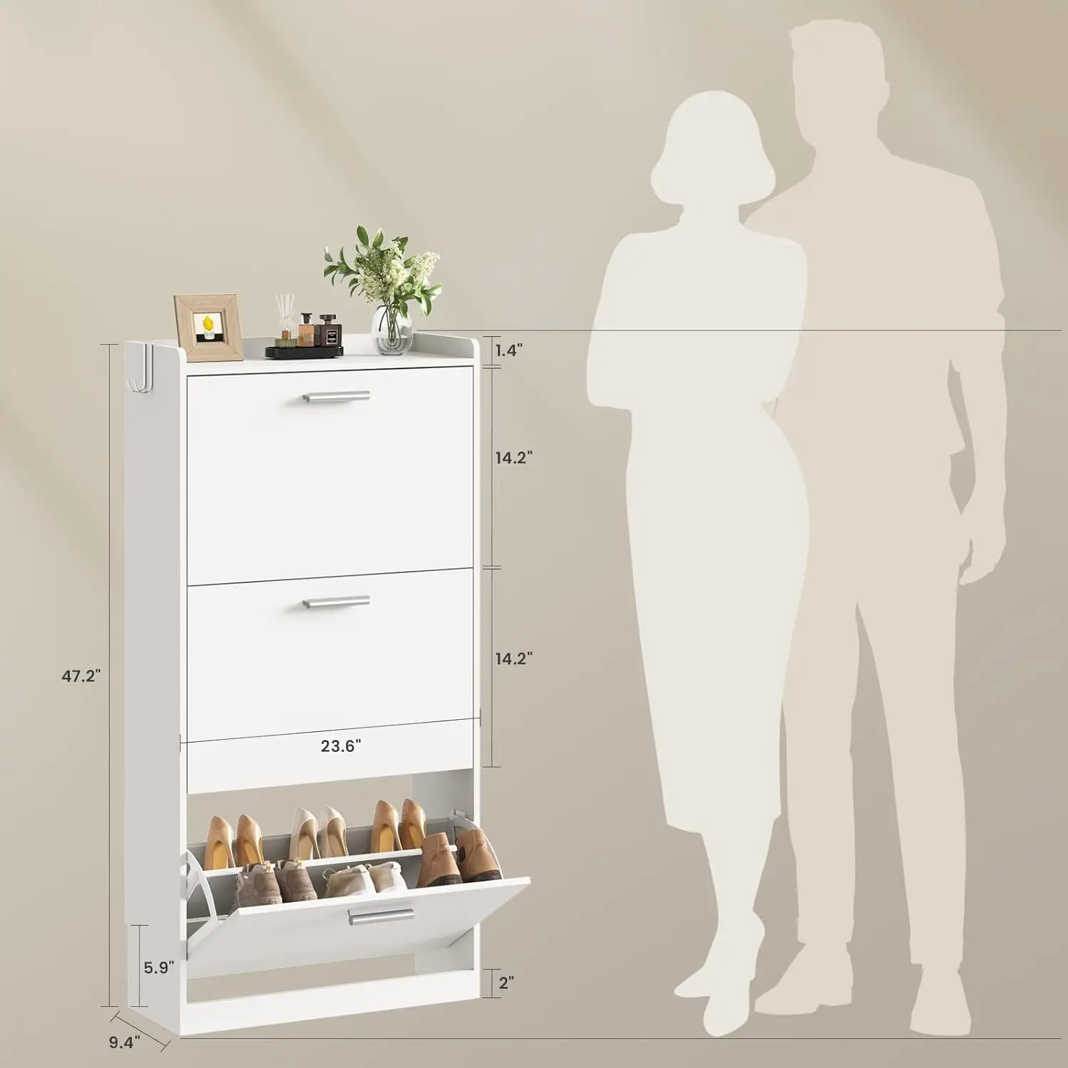 3 Flip Drawers & 3-Tier Adjustable Shelves Shoe Cabinet Freestanding Narrow Entryway Hallway Storage 23.6x9.4x47.2, Custom
3 Flip Drawers & 3-Tier Adjustable Shelves Shoe Cabinet Freestanding Narrow Entryway Hallway Storage 23.6x9.4x47.2, Custom