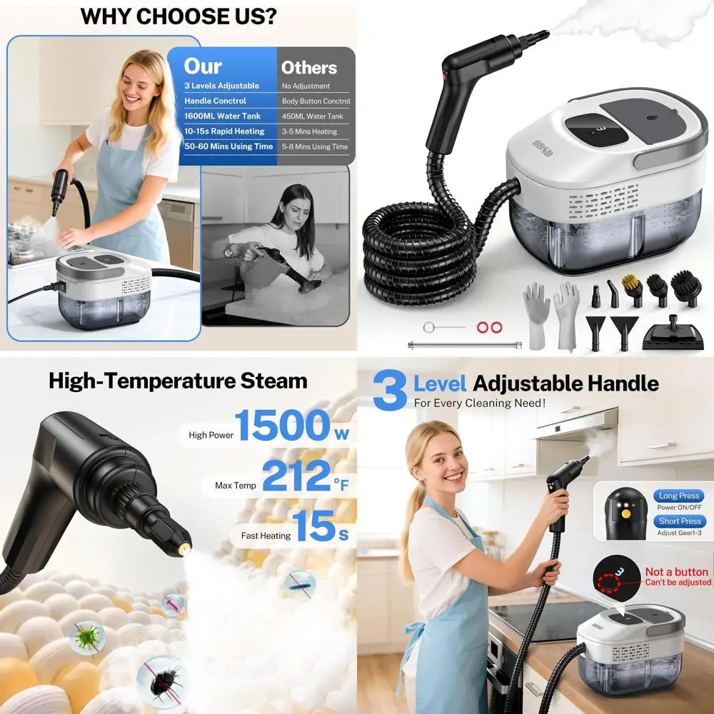 Портативный 3-уровневый пароочиститель: нагрев 15 с, бак емкостью 1,6 л, для дома, автомобиля, плитки, затирки, мебели с 15 аксессуарами
Портативный 3-уровневый пароочиститель: нагрев 15 с, бак емкостью 1,6 л, для дома, автомобиля, плитки, затирки, мебели с 15 аксессуарами