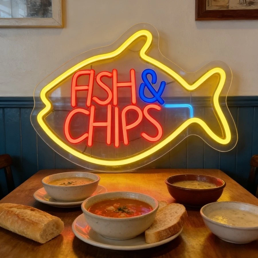 Fish And Chips Neon Sign LED Wall Art Lighting Vintage Pub Decor Restaurant Cafe Shop Food Theme Home Kitchen Decoration Gift
Fish And Chips Neon Sign LED Wall Art Lighting Vintage Pub Decor Restaurant Cafe Shop Food Theme Home Kitchen Decoration Gift