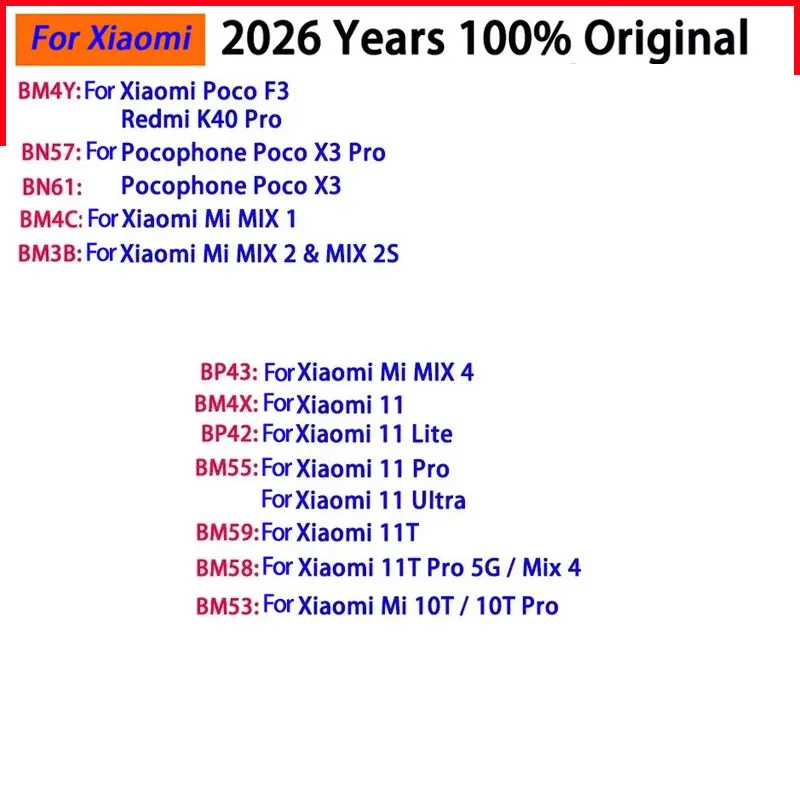 2026 Years 100% Original Battery For Xiaomi Mi Mix 1 2 2S 3 4 Poco X3 F3 Redmi K40 10T 11T Mi 11 Mi11 Lite Ultra Pro Batteries
2026 Years 100% Original Battery For Xiaomi Mi Mix 1 2 2S 3 4 Poco X3 F3 Redmi K40 10T 11T Mi 11 Mi11 Lite Ultra Pro Batteries