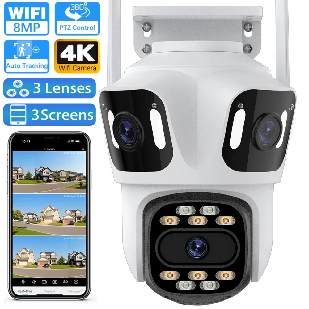 8MP Tri-lens PTZ IP Camera Security Wifi Motion Detection Auto Track Wirelss CCTV Night Vision Outdoor Surveillance Camera Icsee
8MP Tri-lens PTZ IP Camera Security Wifi Motion Detection Auto Track Wirelss CCTV Night Vision Outdoor Surveillance Camera Icsee